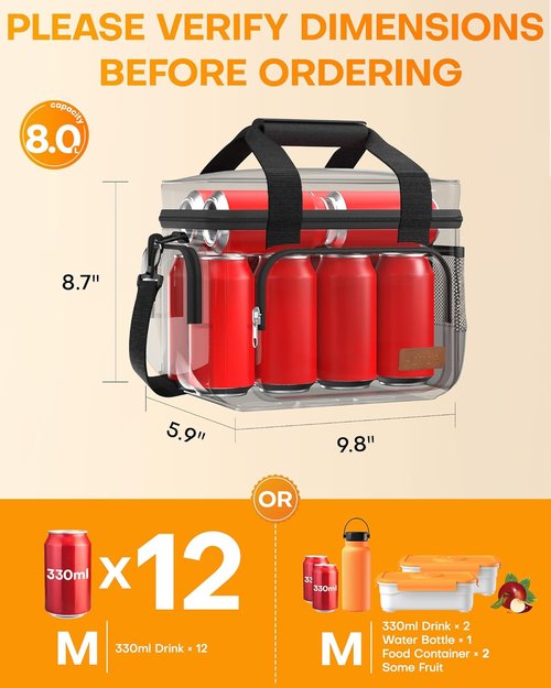 HOTOR Insulated Lunch Box - Leak-Proof Cooler Bag with Adjustable Strap | 8L, Black, Ideal for Office & Outdoor Use