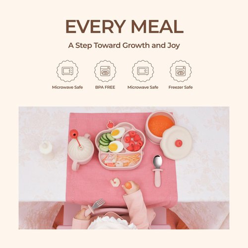 COZY ROCK Silicone Baby Feeding Set, Gelato Collection Baby Led Weaning Supplies, First Self-Feeding Ice Cream Set, Silicone Suction Bowl with Cherry Lid & Plate, Straw Cup & Bib, Fork & Spoon - Pink