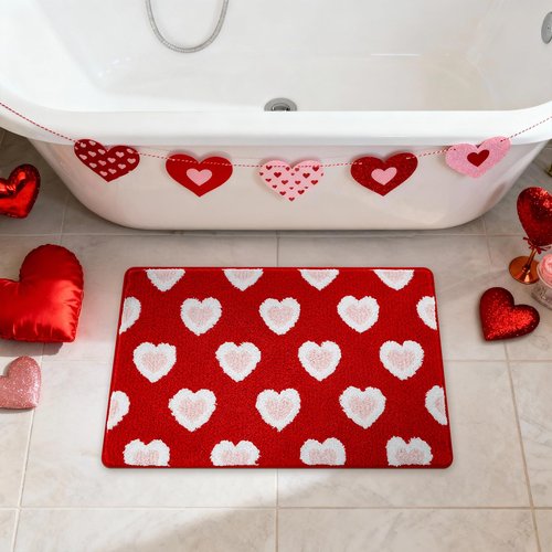 Moutina Valentines Day Bathroom Rug 16x24 Inch, Soft and Absorbent Tufted Love Heart Bath Mat Non Slip Washable, Valentines Bathroom Bedroom Decor for Couples