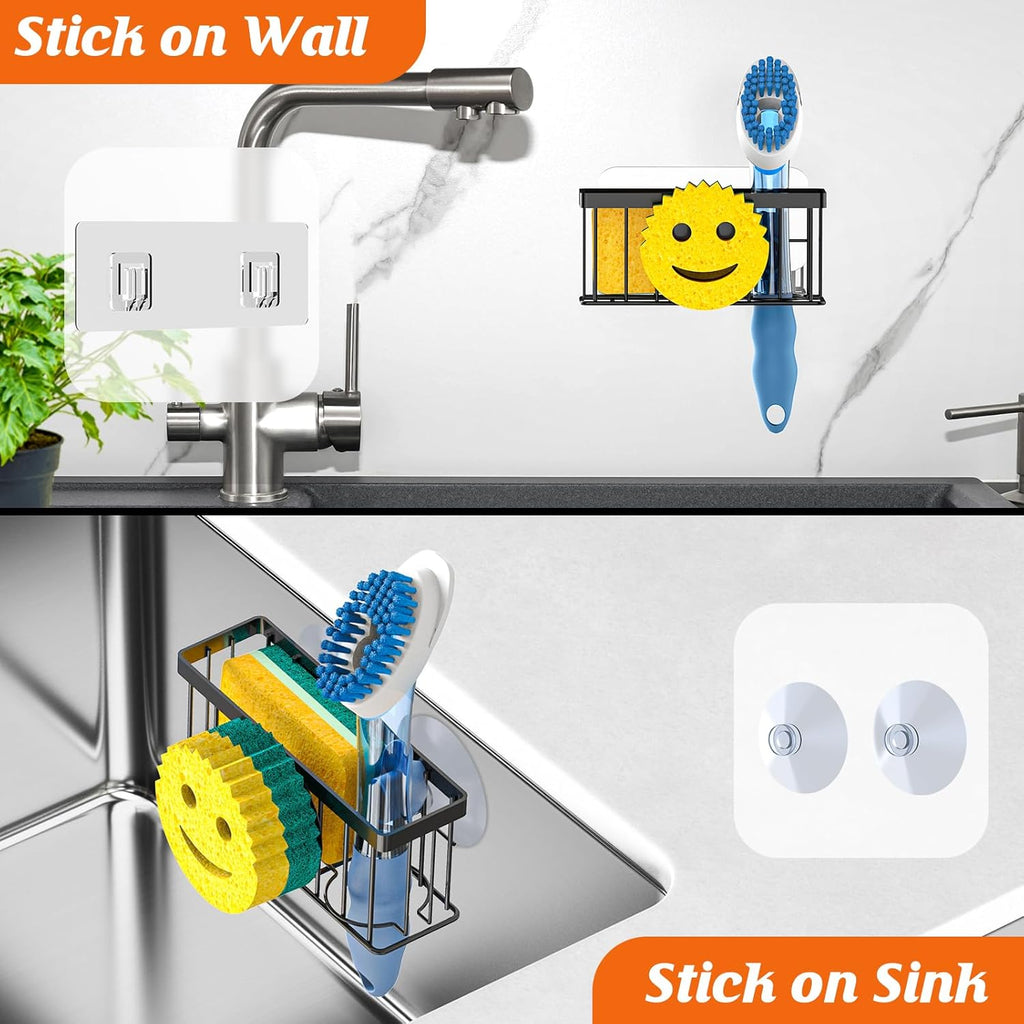 MURLONG Sponge Holder - Smiley Face Kitchen Organizer with Suction Cups & Adhesive Strips | Black