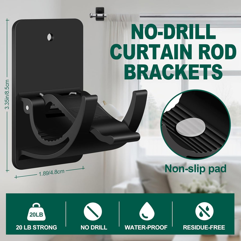 Skiennix No Drill Curtain Rod Brackets - 4 PCS Self Adhesive Hooks, 20lb Capacity | Rental Friendly for Home & Apartment