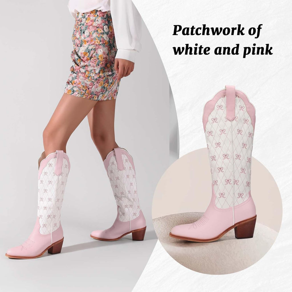 Skiennix Cowboy Boots - Embroidered Knee High Cowgirl Boots with Chunky Heel & Pearl Accent | Dressy Party Style