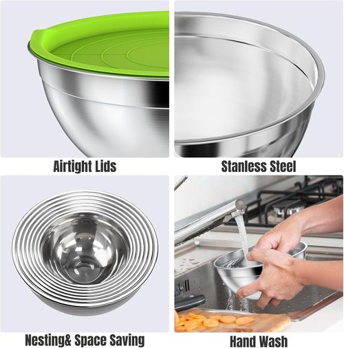 ENVTEK Mixing Bowls Set - 7 PCS Stainless Steel Bowls with Lids & Grater Attachments | Ideal for Cooking & Baking