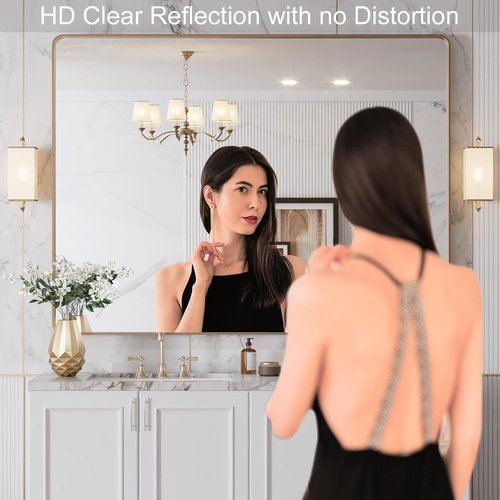 LOAAO Gold Bathroom Mirror - 48”X36” Rounded Rectangle Design | Wall-Mounted, Anti-Rust Tempered Glass