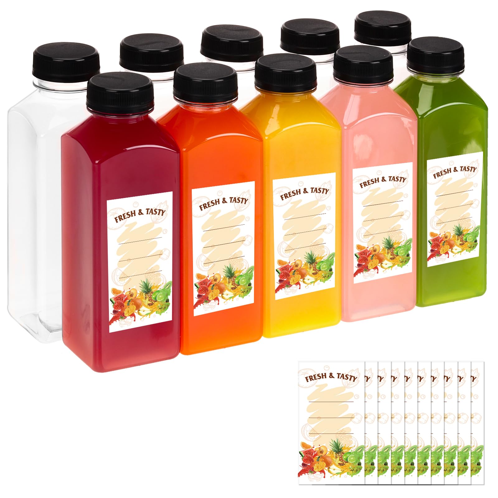 BAKHUK 10pcs 16oz Empty Plastic Juice Bottles with Caps, Plastic Water Bottles with Lids, Reusable Clear Bulk Beverage Juice Containers for Milk and Other Beverages