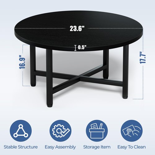 FURMORENE Coffee Table, 23.6" Small Coffee Tables, Black Round Coffee Tables for Living Room, Floor Table for Sitting on The Floor, Center Coffee Table with Metal Frame for Office Apartment Home