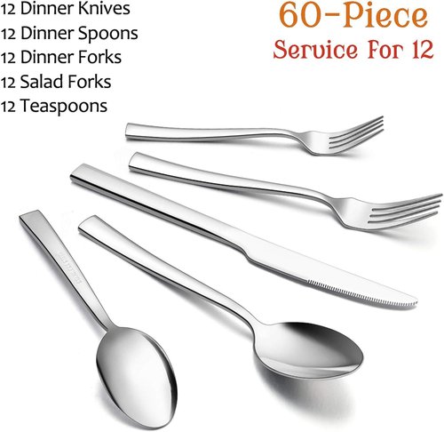 E-far 60-Piece Stainless Steel Silverware Set - Service for 12 | Elegant Flatware for Home & Parties