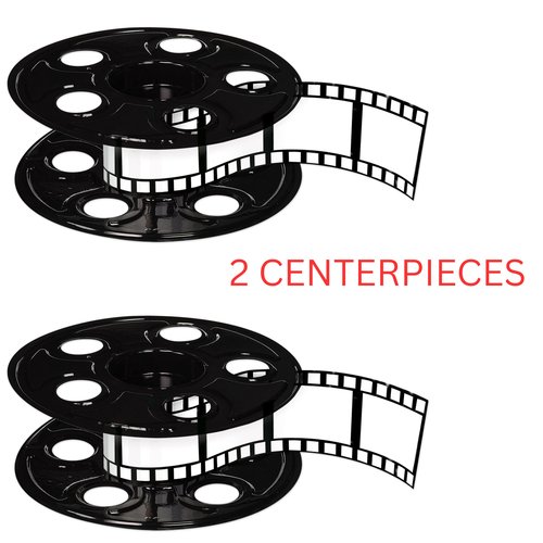 Beistle Movie Reel with Filmstrip Centerpieces, 2-Count Thin Plastic 3D Cinema Reels with 15-Foot Filmstrips, Customizable Hollywood Party Decorations for Red Carpet Events & Theater Themes, 9"