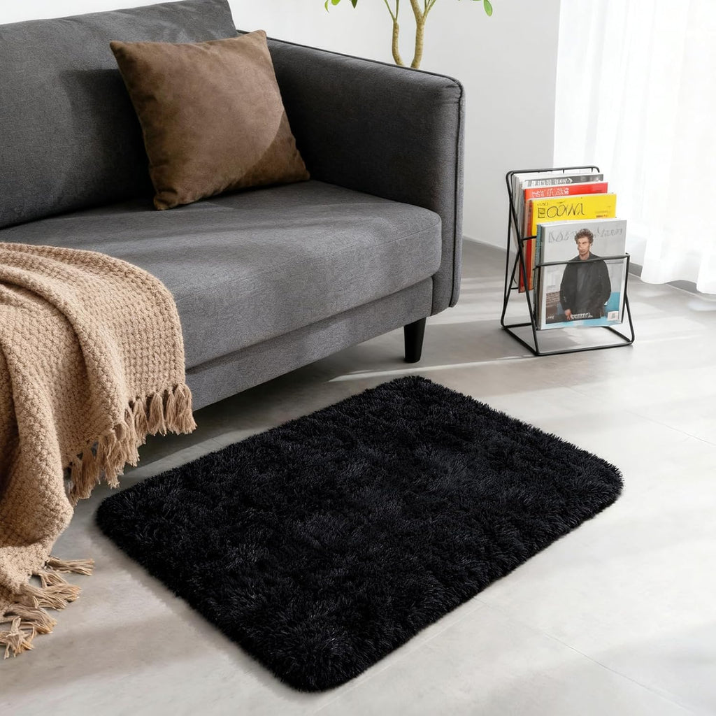 Merelax Soft Shaggy Area Rug - Non-Slip Plush Carpet for Bedroom & Living Room | 2x3 Feet, Black