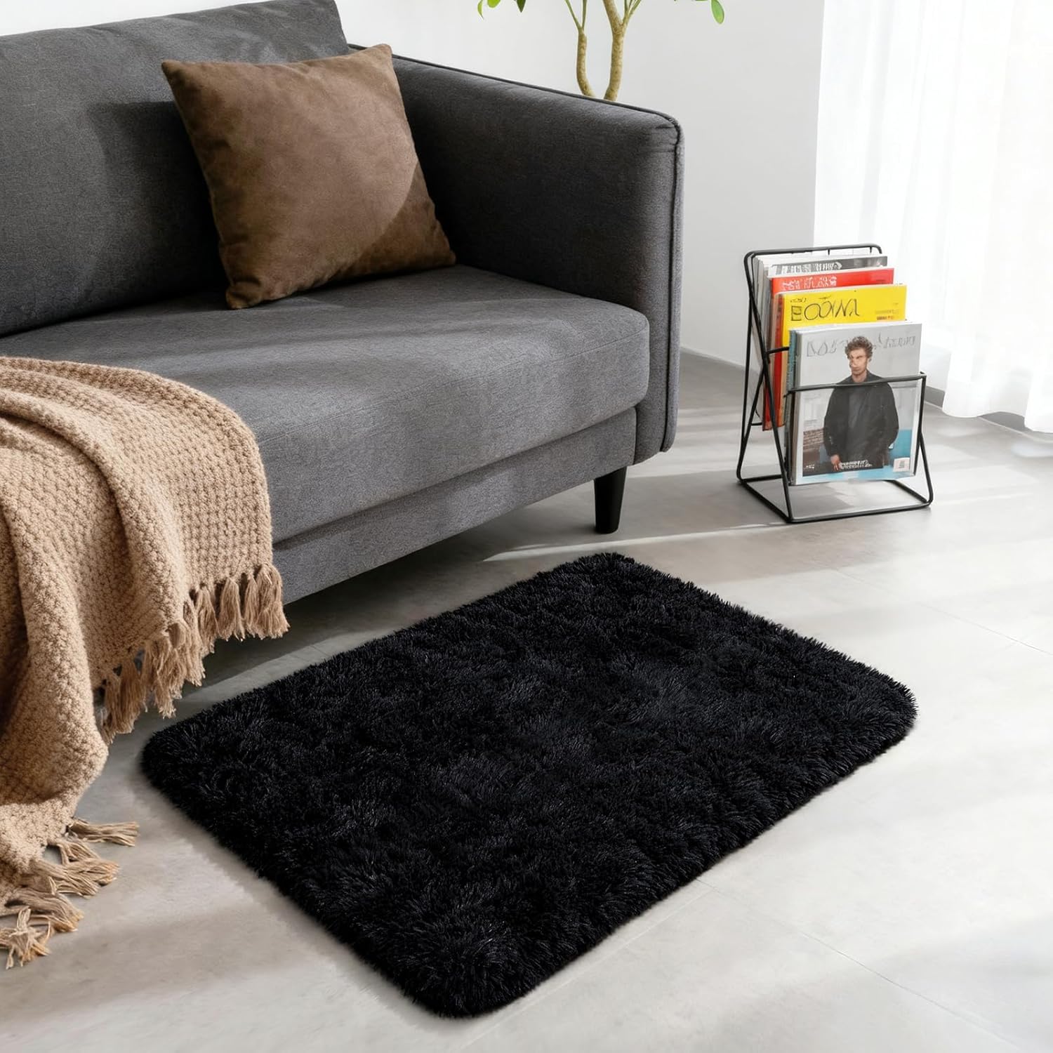 Merelax Soft Shaggy Area Rug - Non-Slip Plush Carpet for Bedroom & Living Room | 2x3 Feet, Black