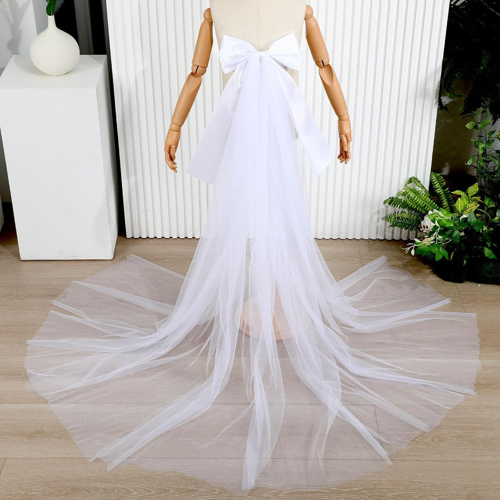 Skiennix Large White Wedding Pew Bows - 12 Pcs Satin Bows with Tulle Aisle Decor | 15.7 x 7.9 in