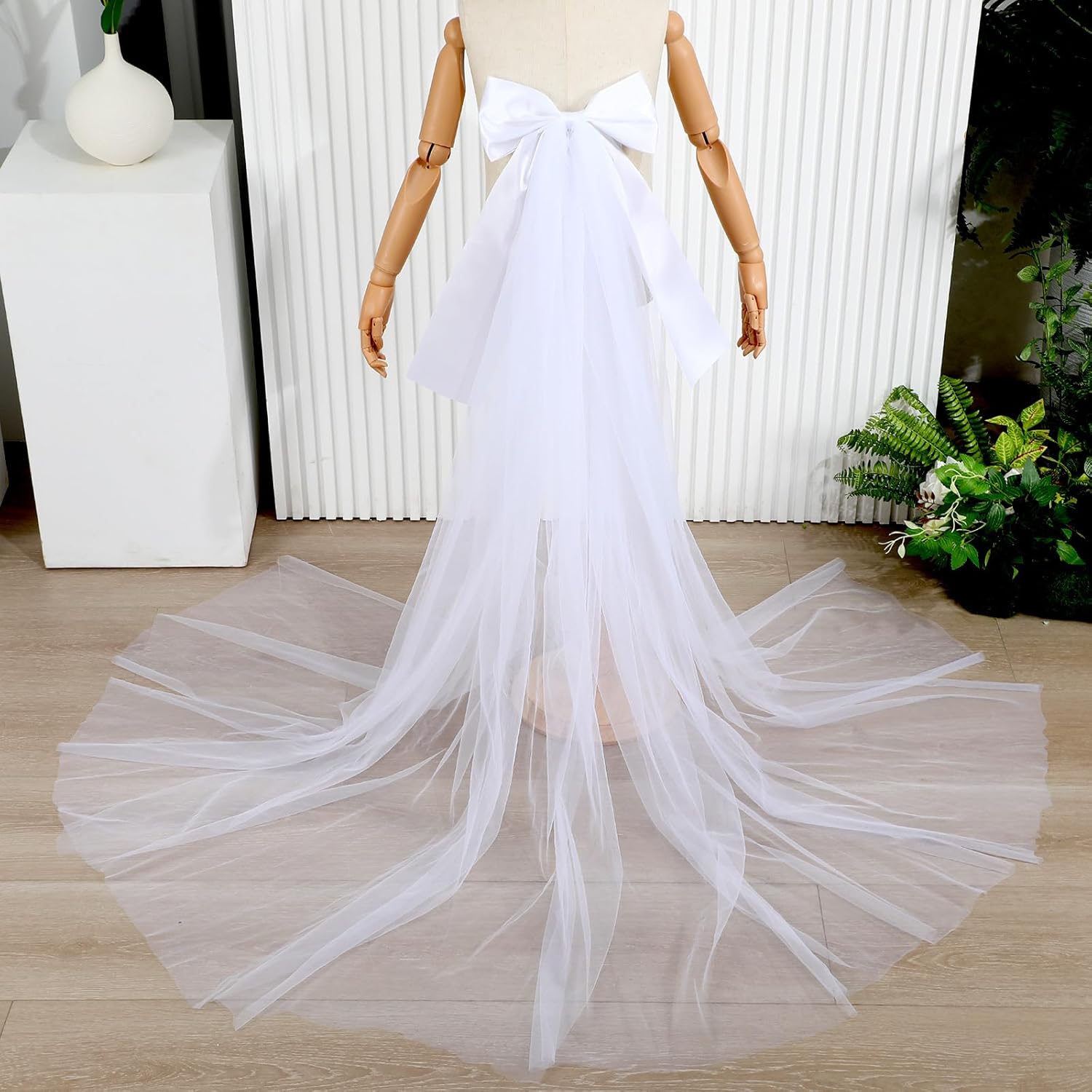Skiennix Large White Wedding Pew Bows - 12 Pcs Satin Bows with Tulle Aisle Decor | 15.7 x 7.9 in