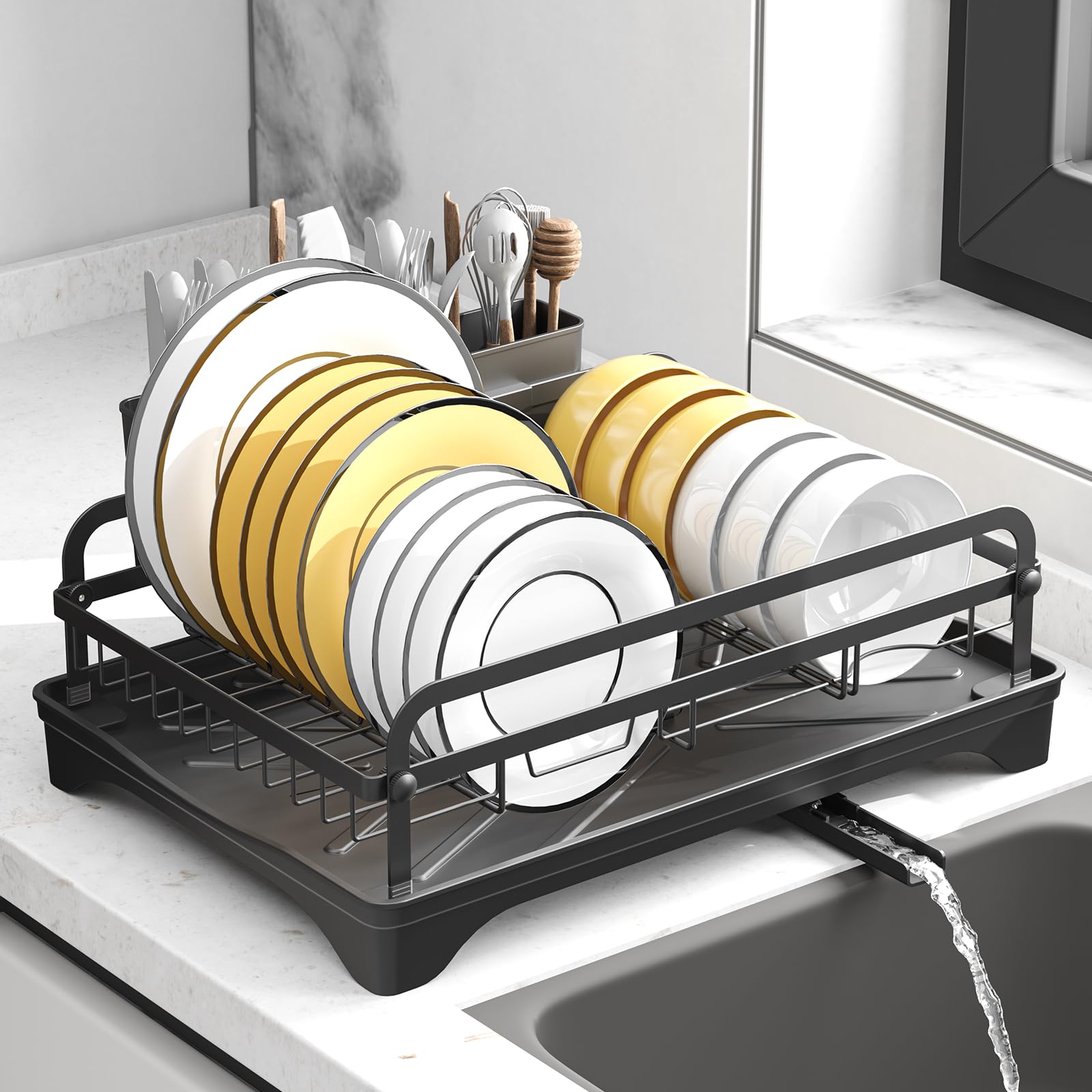 HOMEAILIE Dish Drying Rack for Kitchen Counter, Large Dish Drying Rack with Utensil Holder & Cutlery Tray, Dish Drainer with Drainboard, Black