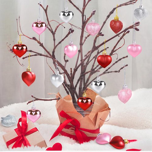 36Pcs Heart Ornaments Valentines Day Decorations Red Pink Silver Glitter Valentines Ornaments for Tree Hanging Heart Shaped Ornament for Wedding Anniversary Party Supplies