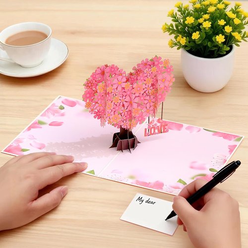 Romantic Pop Up Card – 3D Love Tree Greeting Card for Her, Unique Romantic Gift for Girlfriend or Wife，Cherry Blossom Tree Couple Wedding Card for Romantic Birthday, Anniversary, Wedding,Valentines Day, Mothers Day
