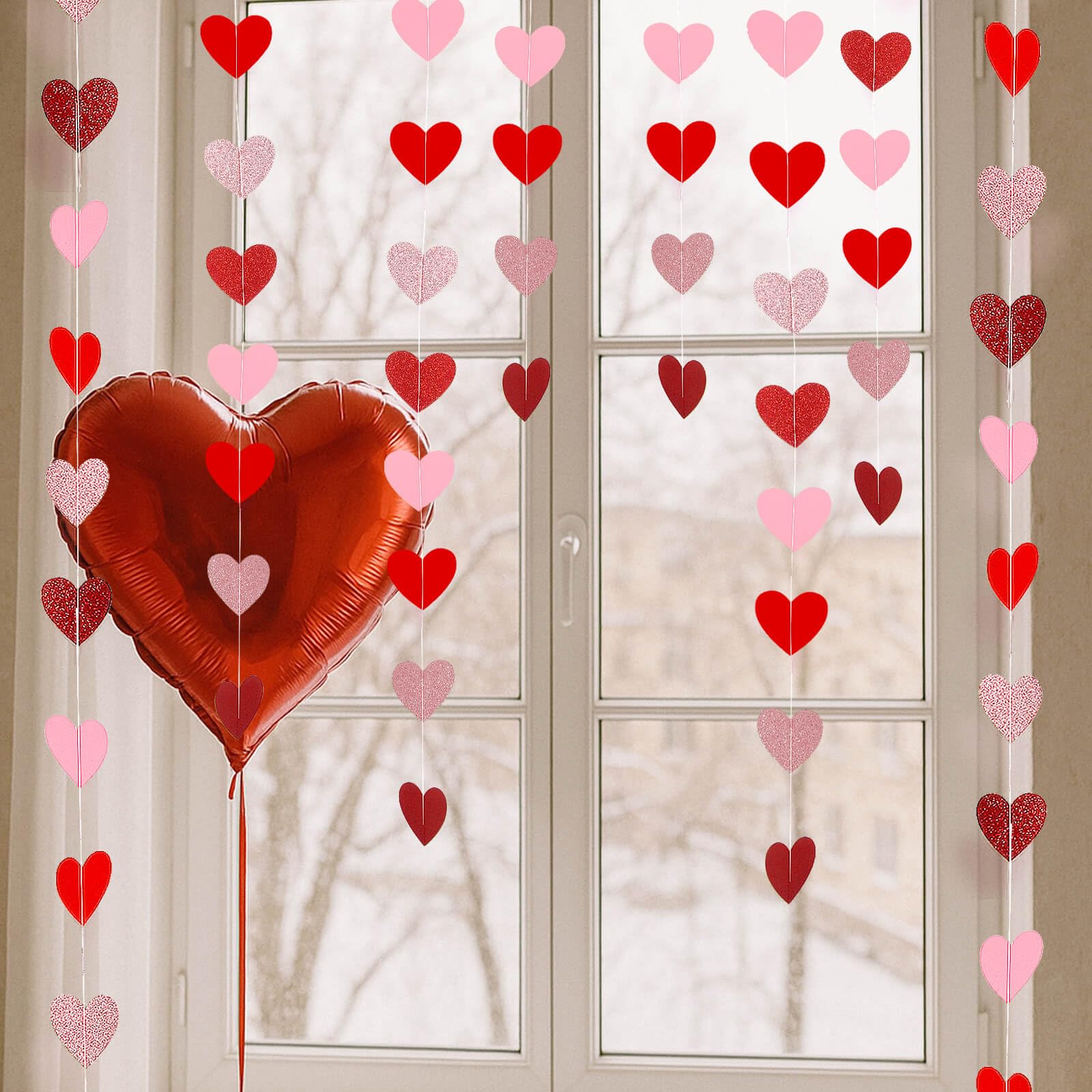 Heart Garland Banner Valentines Decorations- Valentines Galentines Day, Pink Rose Gold Burgundy Red Party Hanging Décor- 52ft Pre-Strung Paper Hearts Garland Streamers for Bridal Shower Party, NO DIY