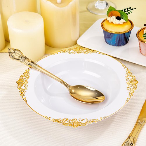 Joyido 100PCS Gold Plastic Bowls - 12 oz White Disposable Salad Bowls - Heavy Duty Soup Serving Bowl - Fancy Plastic Ice Cream Bowl for Parties, Dinners, Catering, Picnics