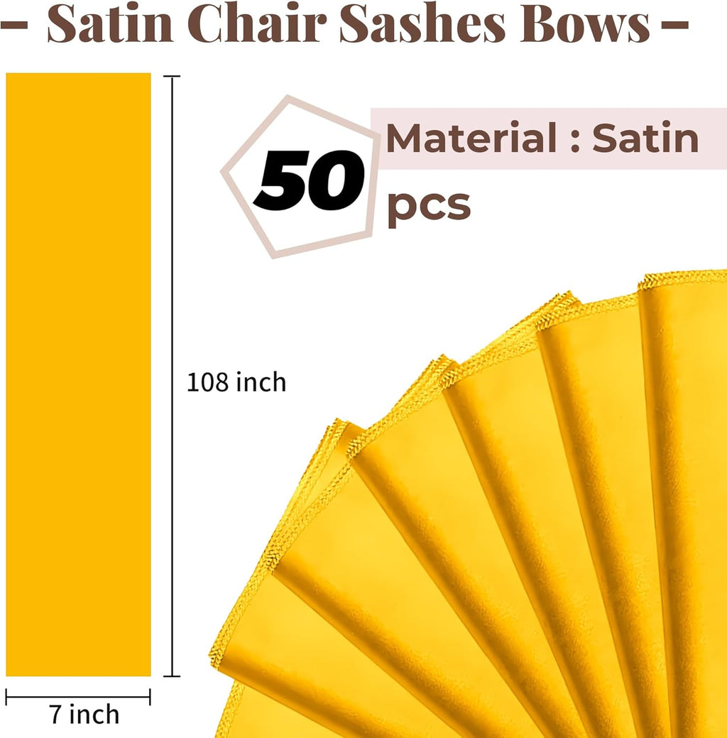 Regine Switzerland Satin Chair Sashes - 50 Pcs Gold Ribbon Bows for Weddings & Events | 7x108 Inch