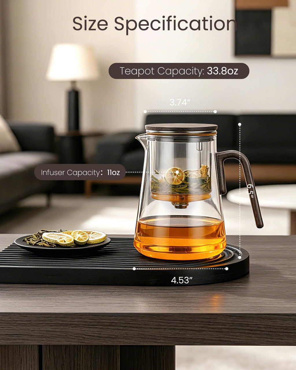 ZENS Magnetic Tea Pot, Large Enchanted Glass Teapot with Infuser and Magnetic Suction Lid for Mess-Free Loose Tea Diffusers, Black Walnut Pattern Handle, Tea Lovers Gifts