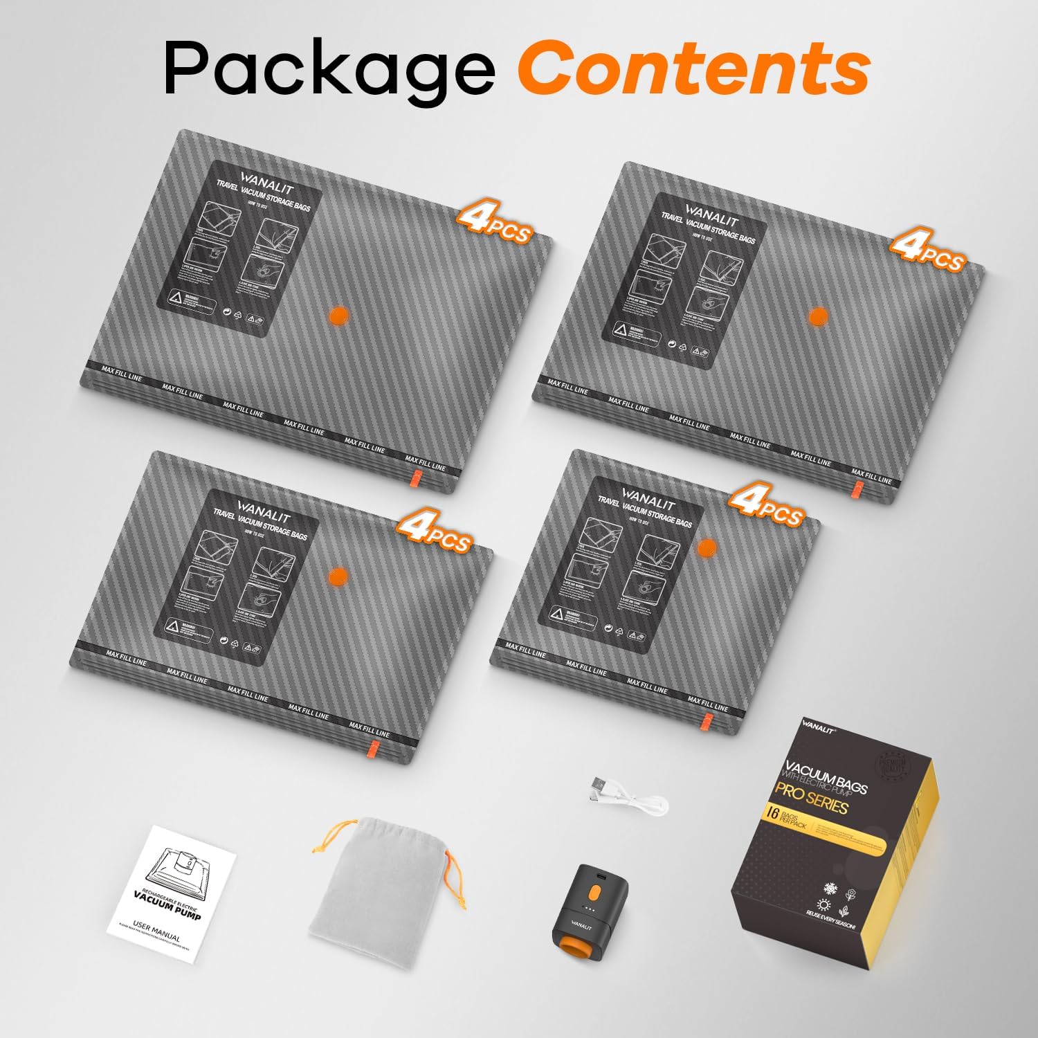 Skiennix Vacuum Storage Bags - 16 Pack Travel Essentials with Wireless Rechargeable Electric Pump | Space Saver Compression for Luggage & Home