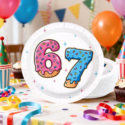 Greencian 50Pcs Donut 6 7 Birthday Paper Plates 9 Inch Disposable I was 6 Now I'm 7 Plates Sweet Donut Six Seven Theme Tableware Sets for Kids Boys Girls 6-7 Year Old Birthday Party Supplies Decor