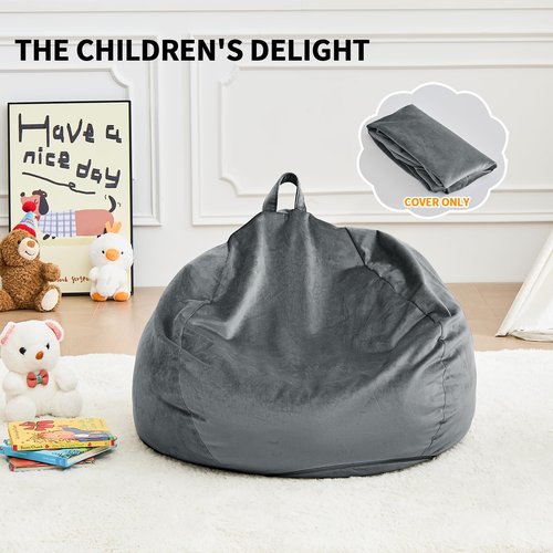 ILPEOD Stuffed Animal Storage Bean Bag Chair Cover Only(No Filling) - Soft and Durable Washable Cover - Drip Oversized Lounge Chair Slipcover for Kids, Adults, Teens - 2.5FT Charcoal