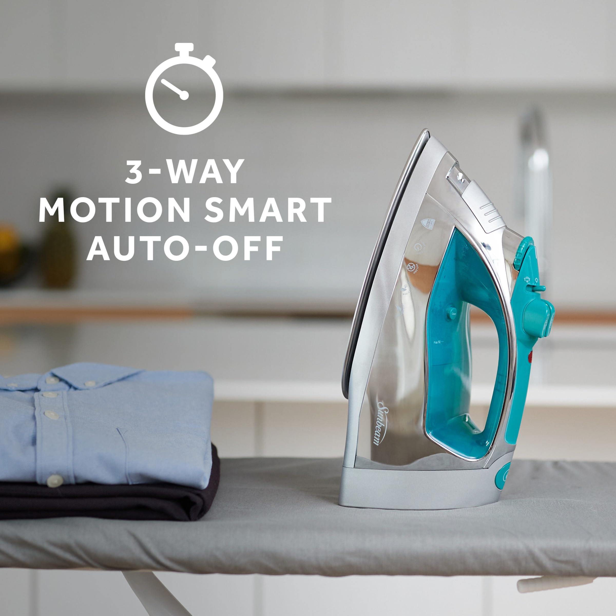 Sunbeam Turbo Steam Iron 1400W Quick Heat Stainless Steel Soleplate Shot of Steam Horizontal and Vertical 3 Way Auto Off 240ml Water Tank White Teal
