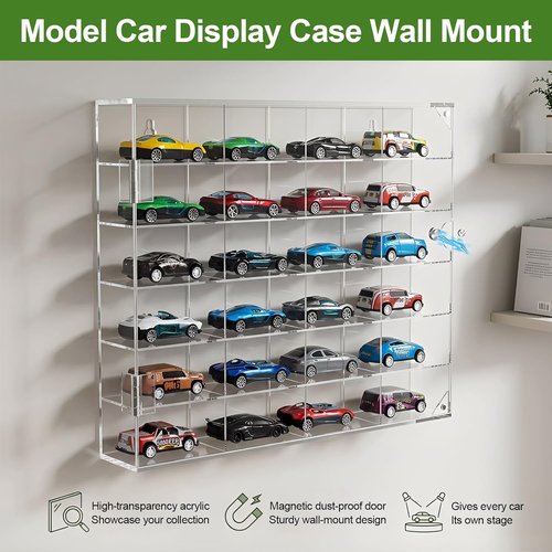 JUESHA Acrylic Display Case - 6-Level Hot Wheels Storage for 1/64 Scale Cars | Clear Wall-Mount Organizer