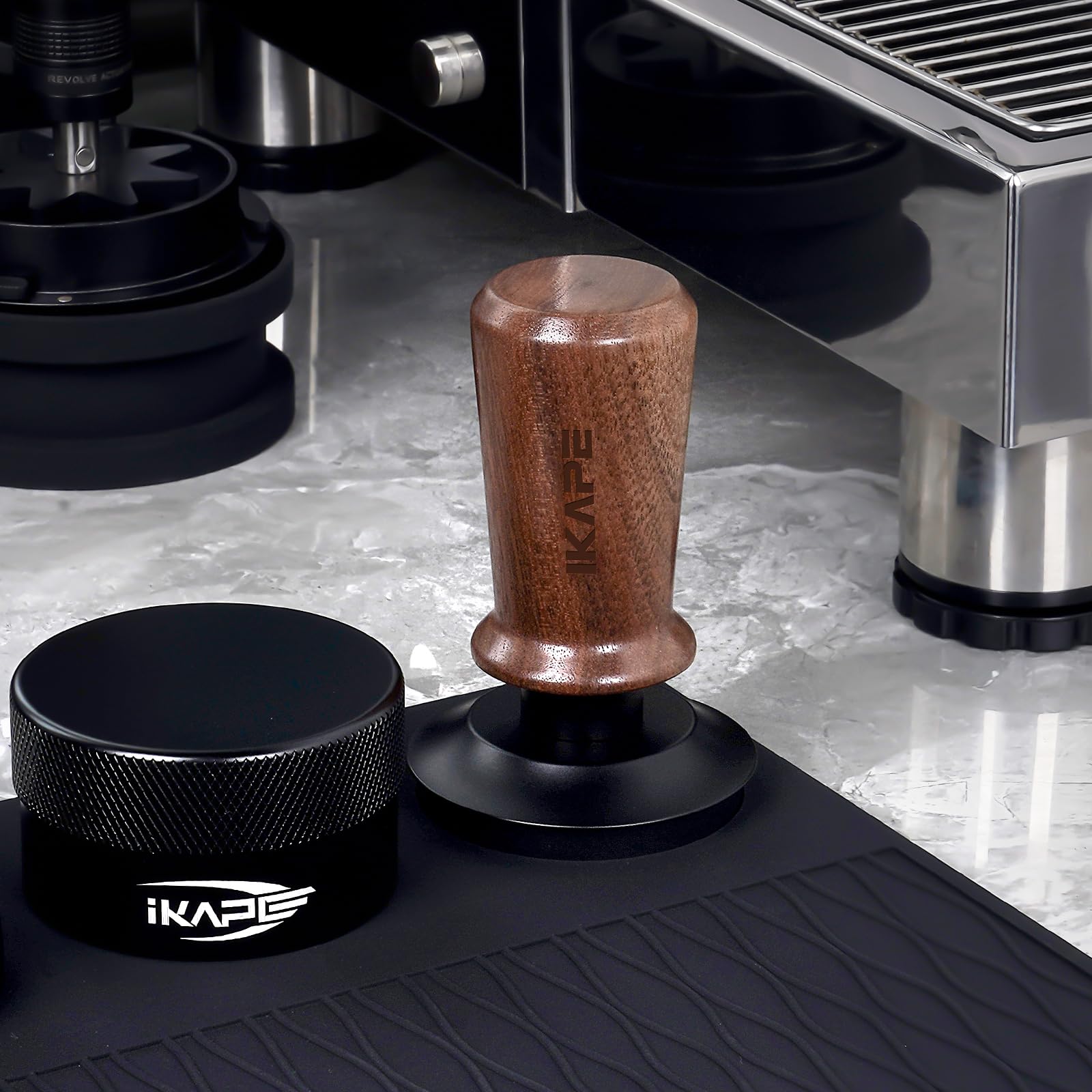 IKAPE 58.35mm Espresso Tamper, Spring-loaded Calibrated Tamper with Walnut Handle, Titanium Ripple Plating Base, Fits for Over 58mm Espresso Machine Bottomless Portafilter