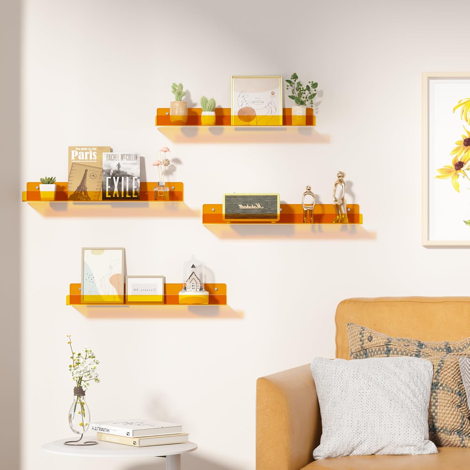 Upsimples Acrylic Wall Shelves - 15" Floating Display Shelf Set for Perfume & Books | Clear Orange, 4 Pack