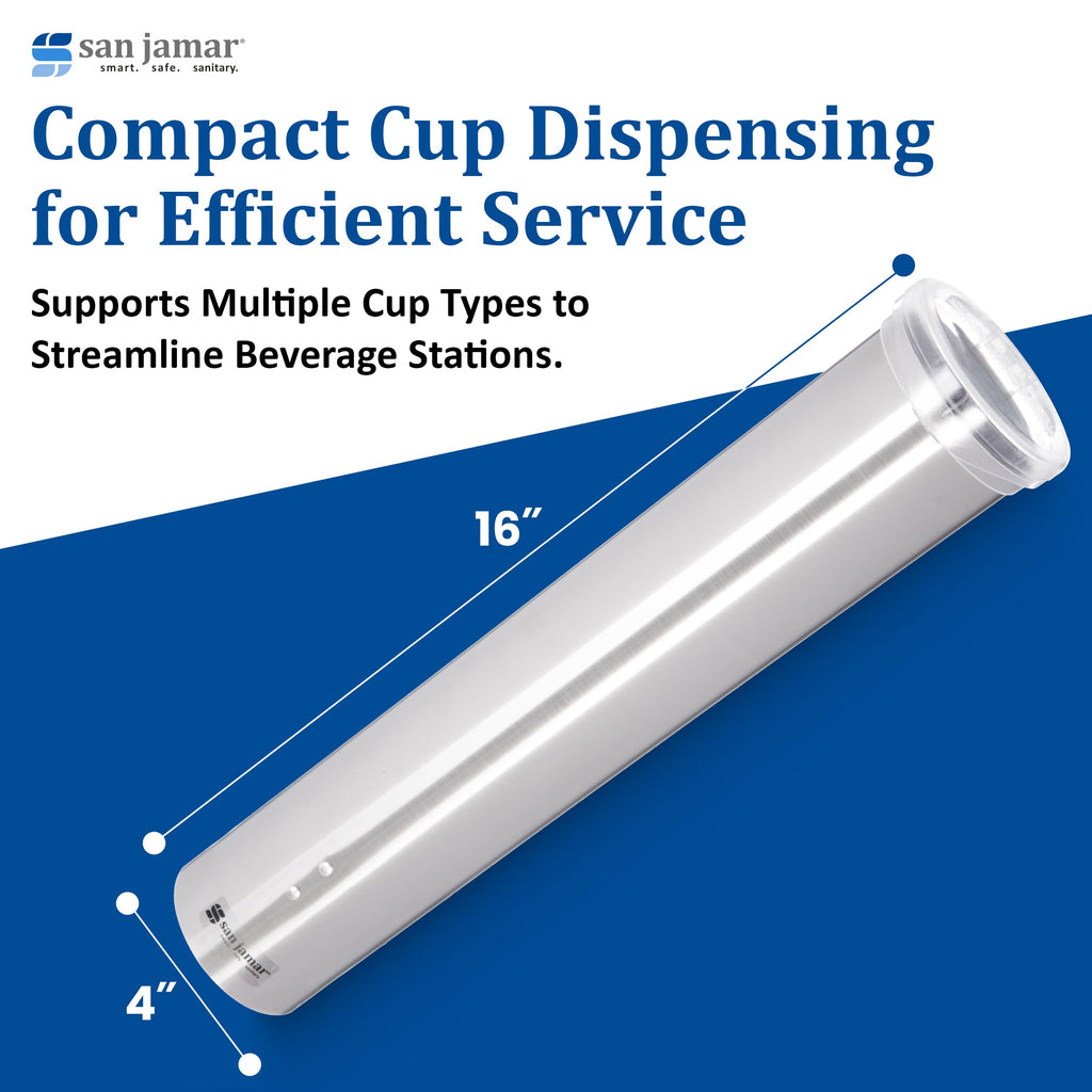 San Jamar Small Pull-Type Cup Dispenser Fits 3-4.5 Oz Cone Cups, 3-5 Oz Flat Cups with Flip Caps for Restaurants, Dining Halls, and Fast Food, Stainless Steel, 16 Inches, Silver