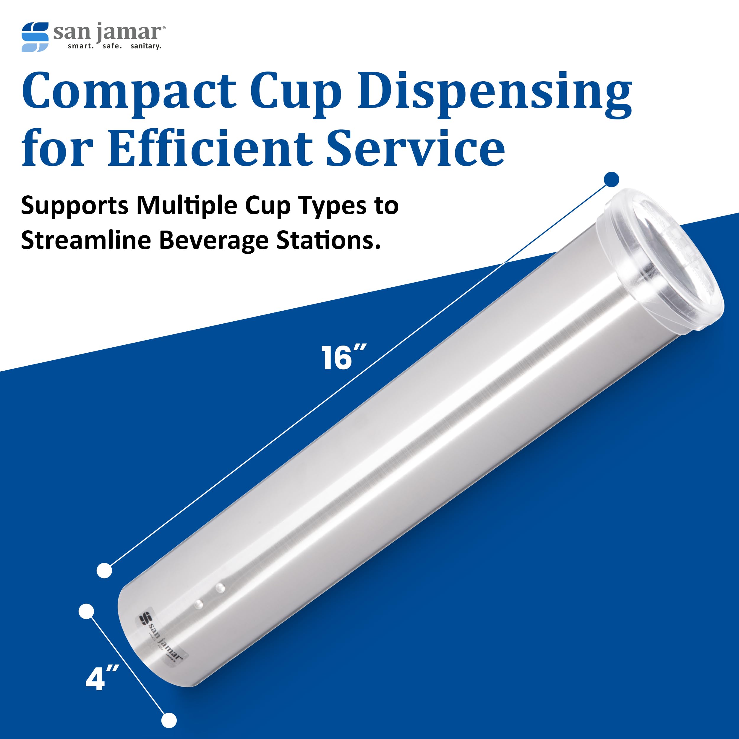 San Jamar Small Pull-Type Cup Dispenser Fits 3-4.5 Oz Cone Cups, 3-5 Oz Flat Cups with Flip Caps for Restaurants, Dining Halls, and Fast Food, Stainless Steel, 16 Inches, Silver
