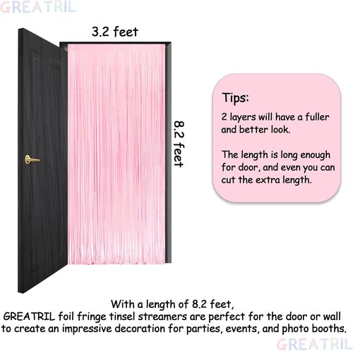 GREATRIL Pastel Pink Party Backdrop - Foil Fringe Streamers for Baby Showers & Celebrations | 3.2ft X 8.2ft - 2 Packs