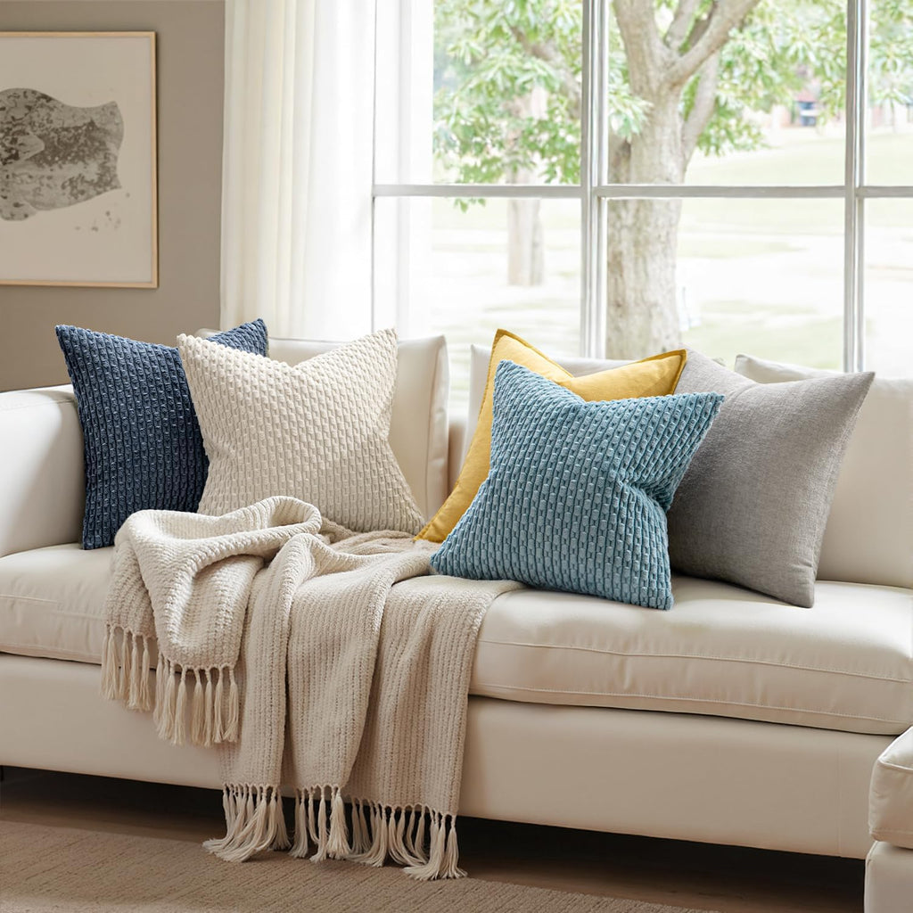 MIULEE Decorative Throw Pillow Covers - Soft Boho Striped Textured Corduroy | 18x18 Inch, Cream White