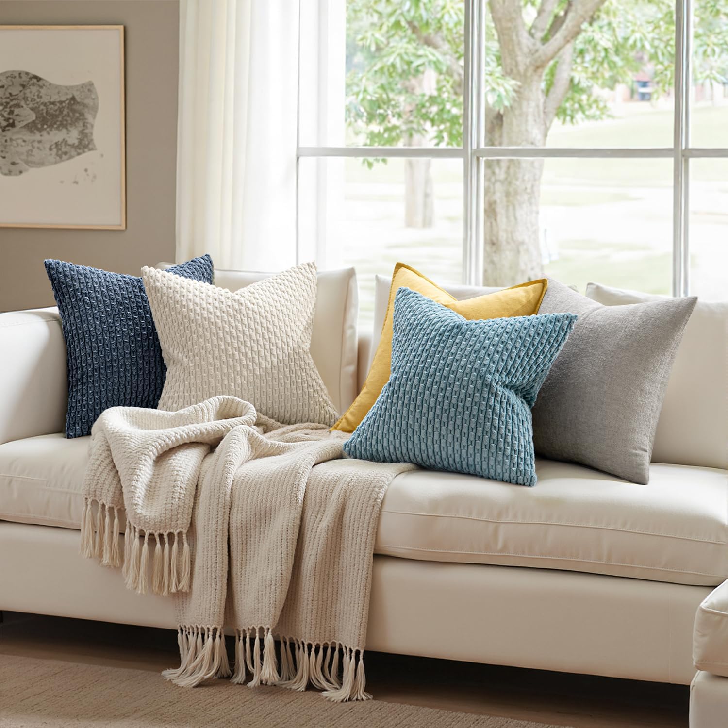 MIULEE Decorative Throw Pillow Covers - Soft Boho Striped Textured Corduroy | 18x18 Inch, Cream White