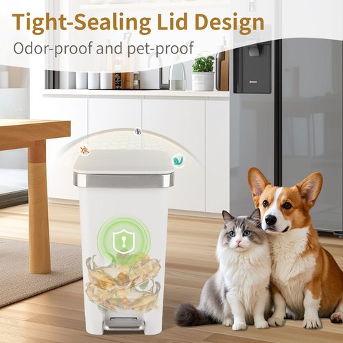Small Bathroom Trash Can with Lid and 3 Rolls Trash Bags, Step Pedal Wastebasket Plastic Garbage Can with Pop-Up Lid 2.6 Gallon Bin for Kitchen, Bedroom, Office, Dorm, Laundry, Toilet, Rv, White