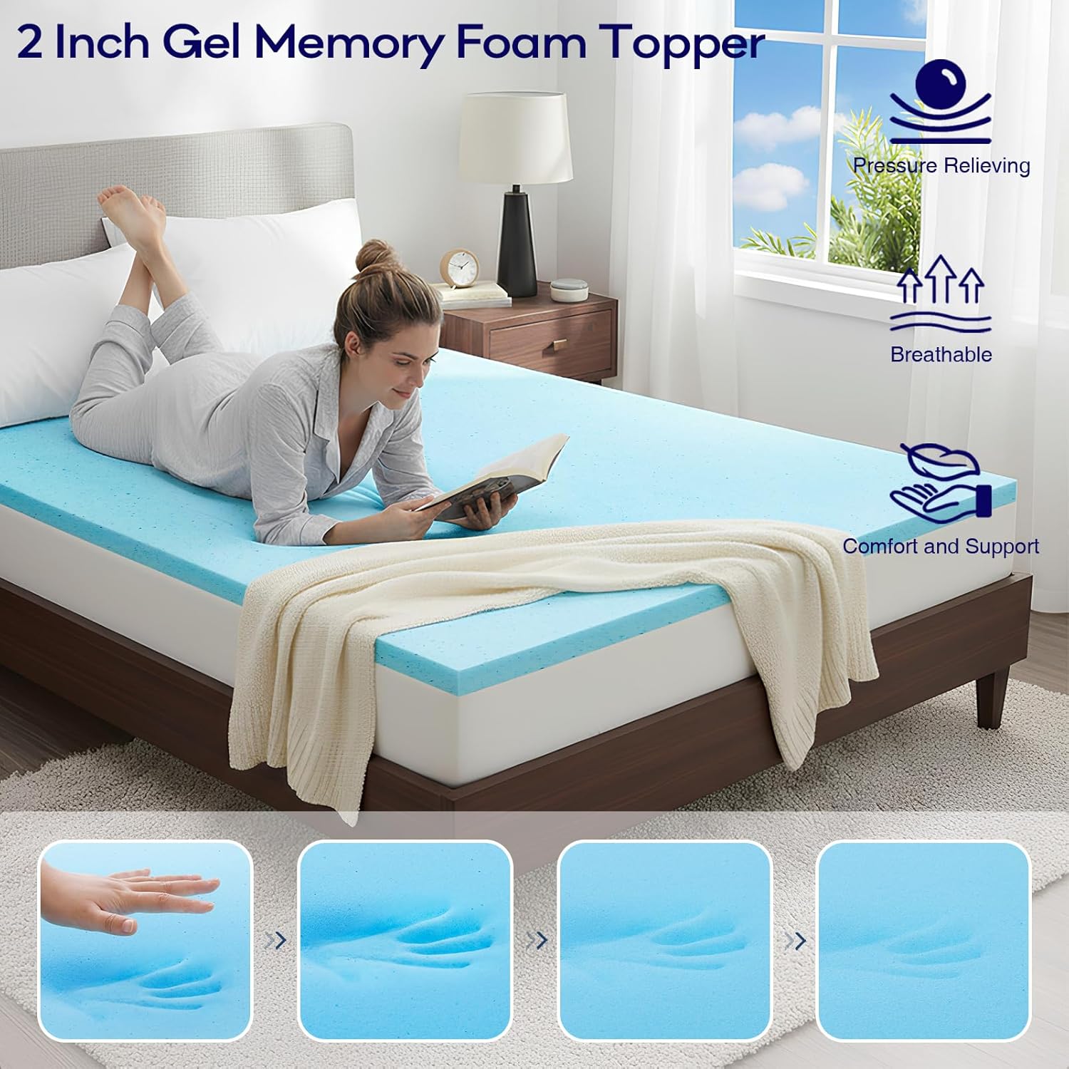 OLANLY Memory Foam Mattress Topper - Dual-Layer 4 Inch Queen Size for Back Pain Relief | Cooling Pillow Top, Grey