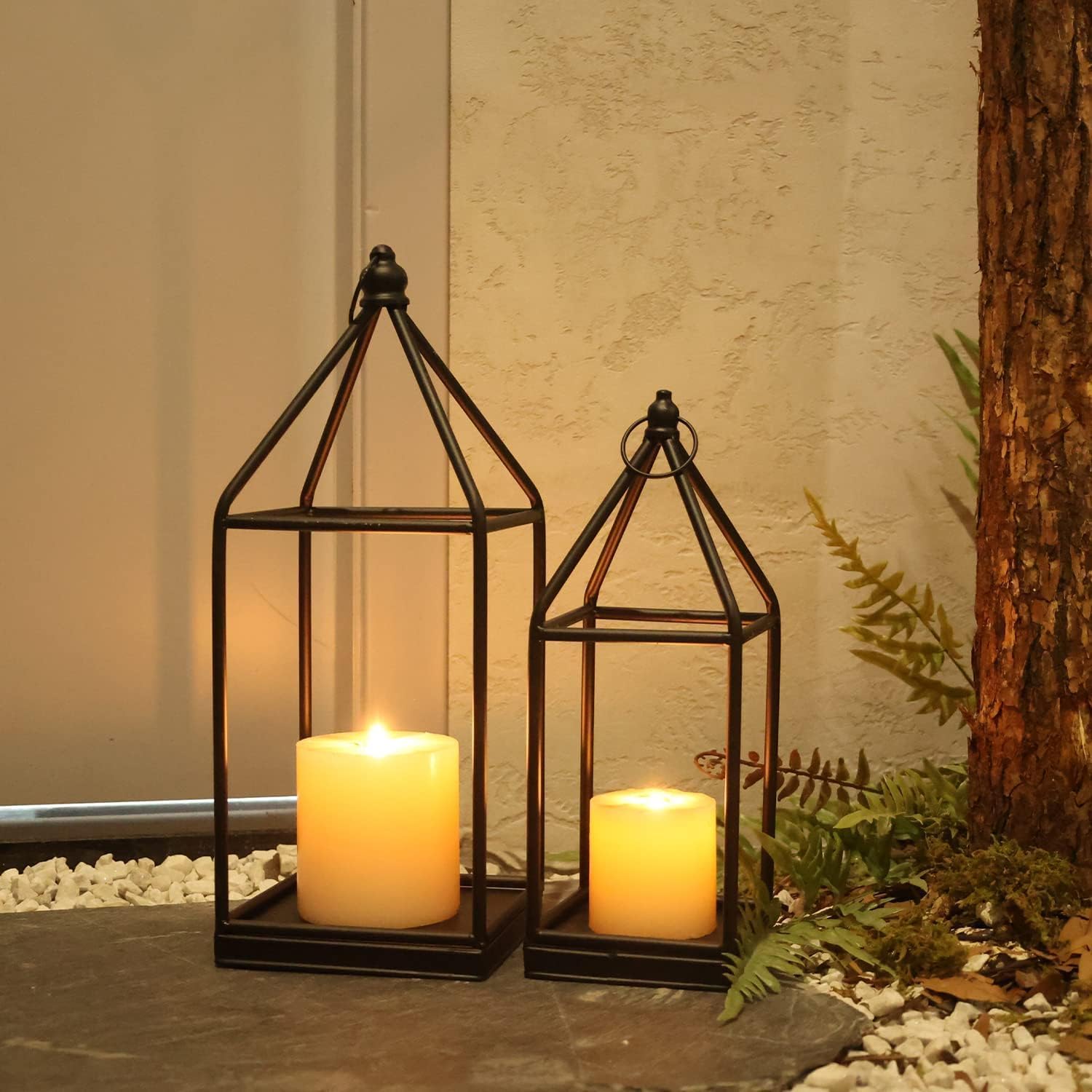 **DECORKEY Lanterns - Vintage Black Metal Candle Holders for Indoor & Outdoor Decor | 18" & 14" Sizes**