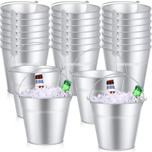 Didaey 24 Pcs Metal Beer Bucket Bulk Ice Bucket Ice Pails with Handle Champagne Soda Party Beverage Chiller for Summer Picnic Pool Wedding Party Supplies Wine Champagne Bar (7.1 x 6.5 x 5.1",Silver)