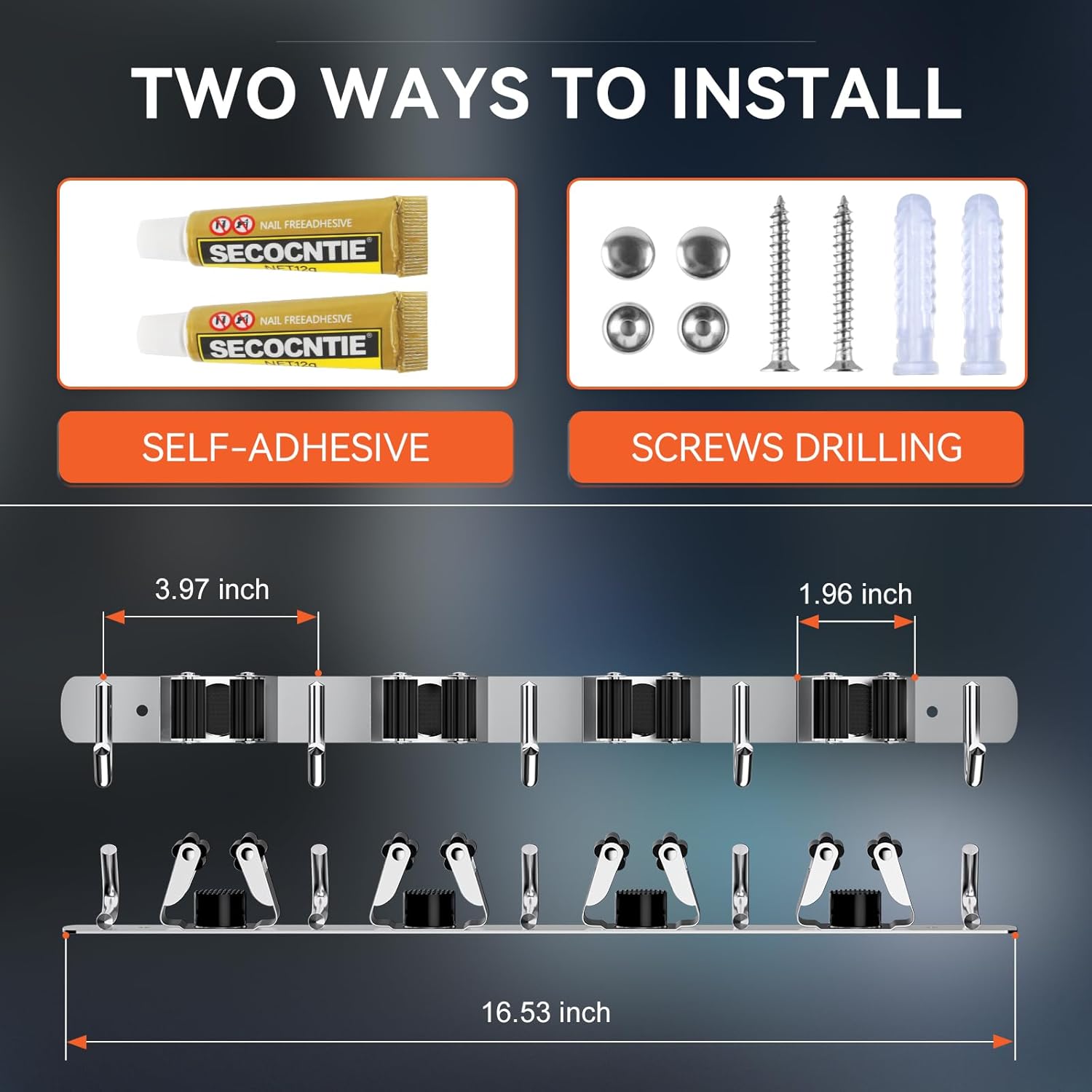 ZONGOOL Mop Broom Holder Wall Mount - 2 Pack with 4 Racks & 5 Hooks | Stainless Steel Organizer for Home & Garage
