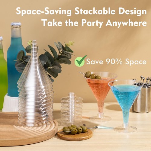 Plastic Martini Glasses Disposable 50 Pack, 6.32 oz Cocktail Cups Bulk for Parties, Poolside, Wedding, Drinking, Desserts, Appetizers, A Tini Bit Older Birthday, Outdoor - Clear with Detachable Stem
