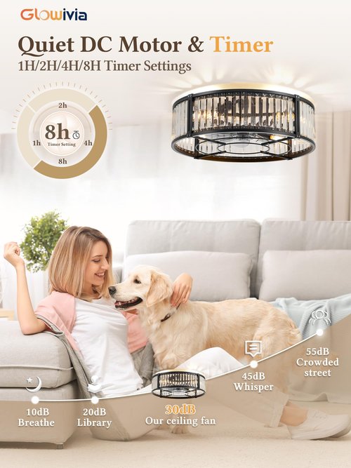 20 Inch Fandelier Ceiling Fan with Light, Crystal Chandelier Ceiling Fans, Caged Ceiling Fan with 6-Speeds, 1/2/4/8H Timer, Quiet DC Motor, Black Flush Mount Ceiling Fans for Bedroom, Living Room
