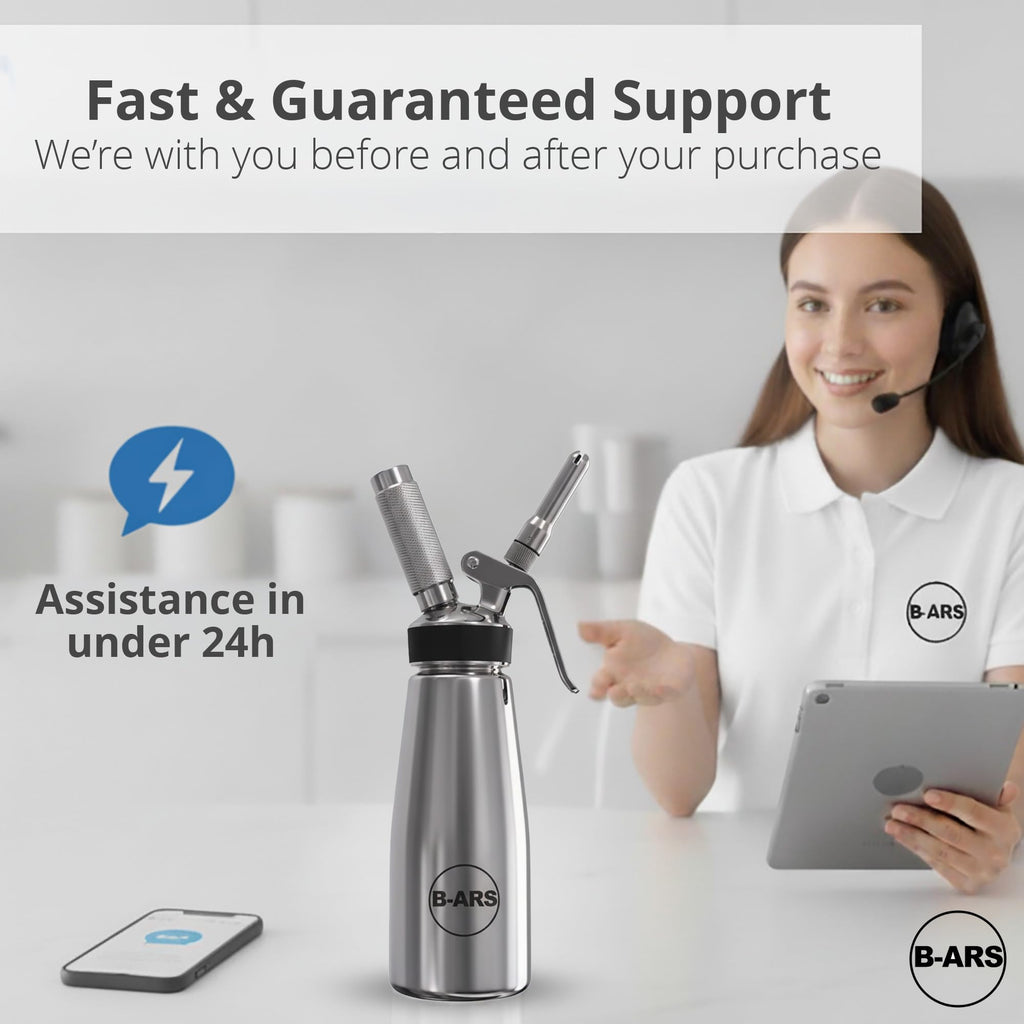 B-ARS Stainless Steel Whipped Cream Dispenser 500 ml Professional Siphon for Fresh Desserts Coffee Mousse Sauce with Nozzles Brush Recipe eBook Reusable Cream Maker for Barista Catering and Chefs Tool
