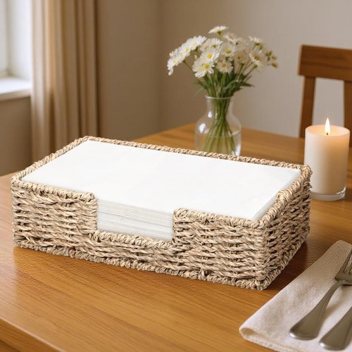 Napkin Holder Disposable Guest Towel Tray Long Seagrass Woven Rattan Wicker Holder Square Napkin Paper Basket Cocktail Serving Tray Rustic Boho Decor Accessories for Kitchen Bathroom Dining