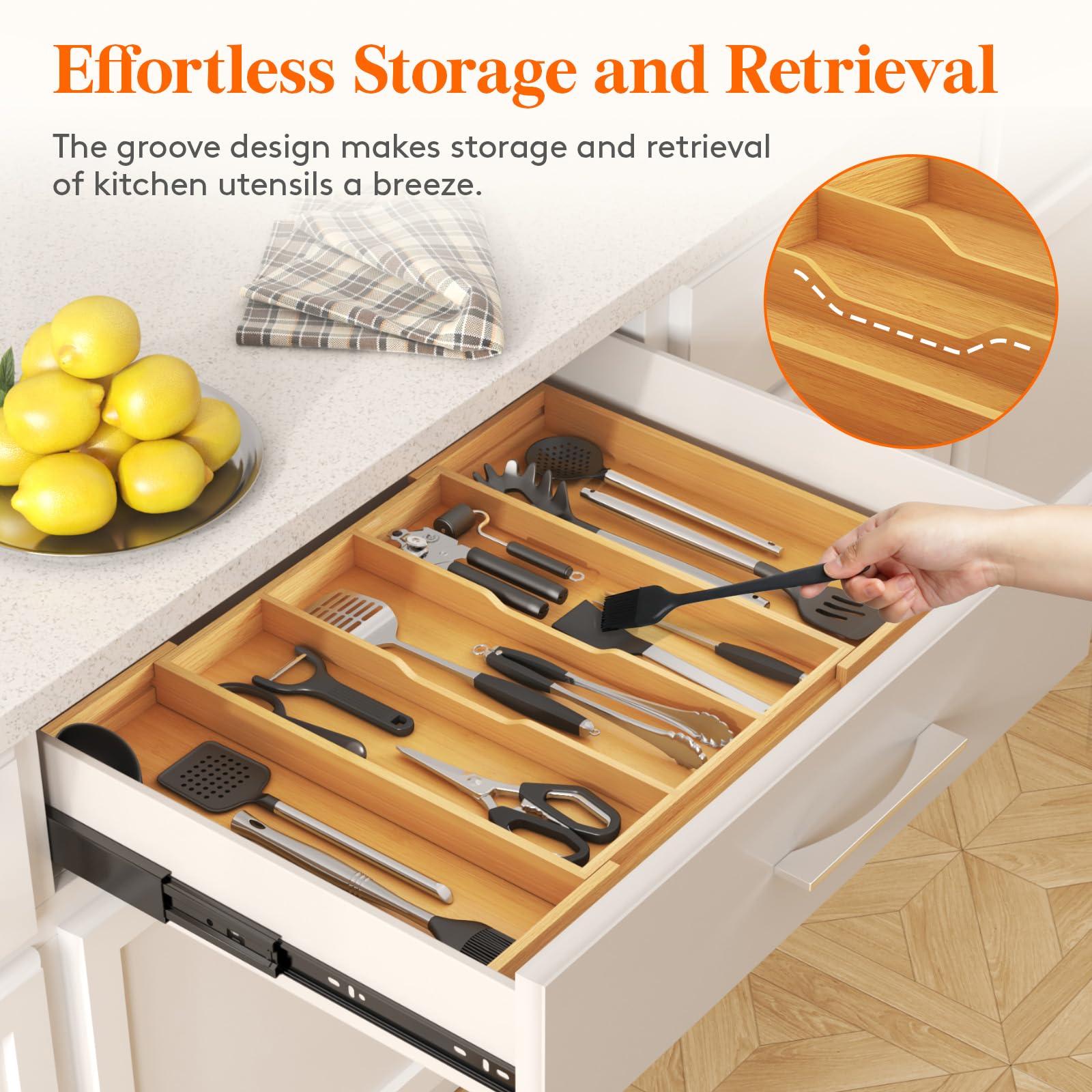 Lifewit Utensil Organizer for Kitchen Drawer, Expandable Cooking Utensil Tray, Cutlery Silverware Flatware Holder, Wood Adjustable Spatula Tools Storage Divider, 15.6-28 x 18.5, Natural