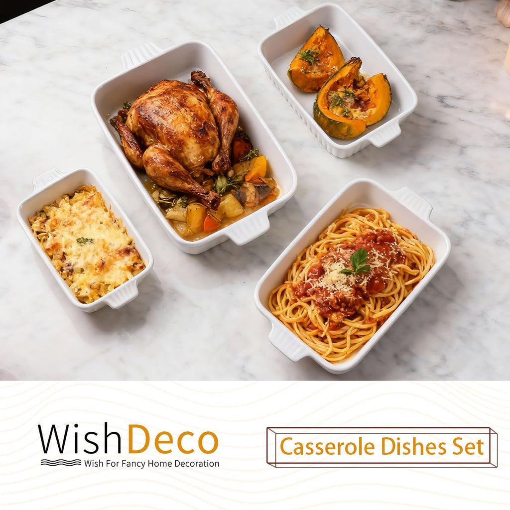 WishDeco Ceramic Casserole Dishes Set of 4 - Deep Rectangular Bakeware with Handles, White Porcelain (15''/12.4''/11''/9.6'')