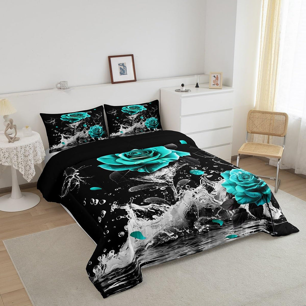 Feelyou Teal Rose Bedding Set Queen Size Romantic Floral Blossom Comforter Set for Adult Black Teal Comforter Reflection on Water Quilt Set 3Pcs