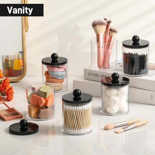 Clear & Black Acrylic Qtip Holder Dispenser Set | 2-Pack Cotton Swab & Makeup Storage Organizer