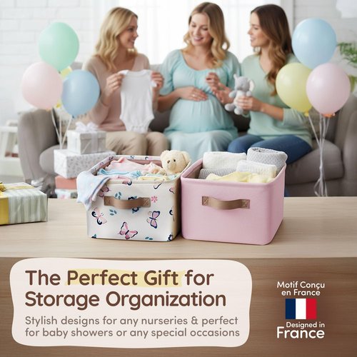 Fabric Storage Bins Cute for Nursery 8"x5.2"x10" - Collapsible Butterfly & Pink Kids Baskets with Handles 2 Pack, Hamper Fabric Bin, Toy Toddler Basket, Diaper Storage Bins, Baby Room Decor