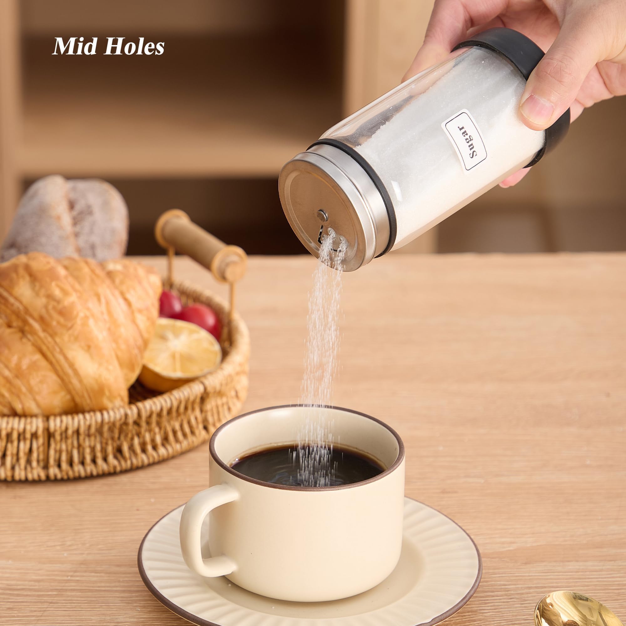 Rekidool 8 oz Glass Sugar Shaker with Stainless Steel Rotating Cover - 3 Adjustable Outlet Holes Holes for Precise Dispensing, Kitchen & Coffee Bar Essential for Coffee, Tea, Baking, 1 Count